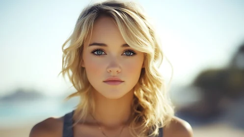 Soft sunlit portrait captures a serene gaze by the seaside