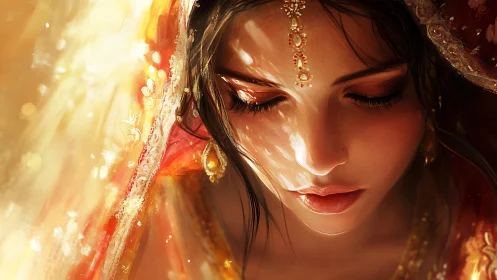 Soft golden light falls gently over a serene veiled bride