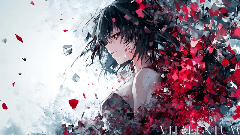 Shattered crimson muse dissolving into stormborn fragments.