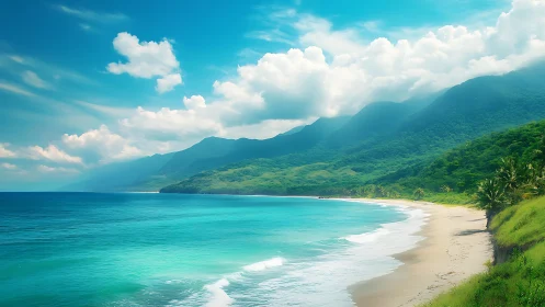 Sunlit tropical bay curves beneath emerald mountain ranges