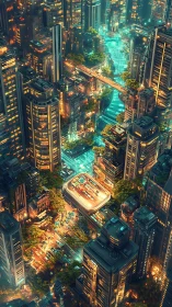 Neon rivers and skyrails weaving through vertical city gardens.