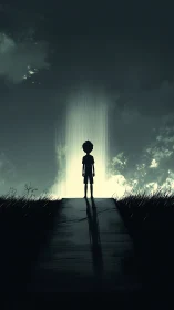 Lone child gazes into a mysterious curtain of glowing light