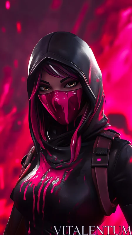 Neon-masked rogue stands in vivid crimson digital storm.