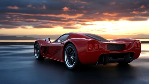 Red mid‑engine sports coupe on wet coastal roadway at dusk.