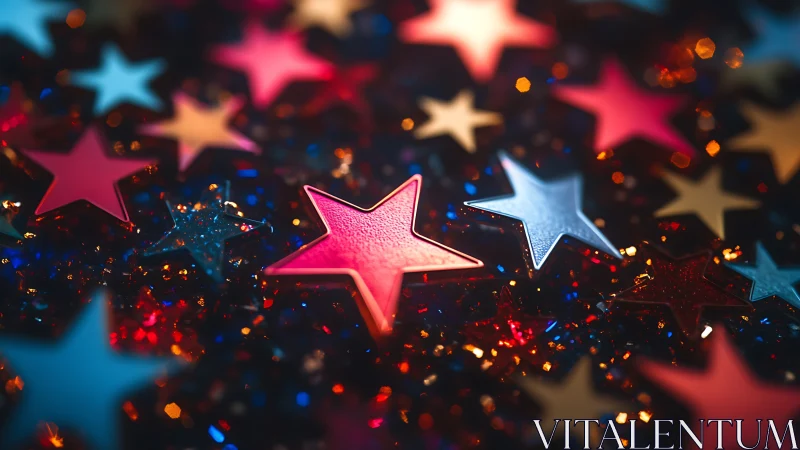 Colorful star confetti macro with glowing bokeh light.