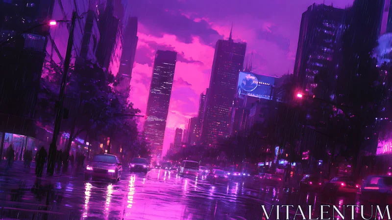 Neon city street glows in warm pink light after rainfall