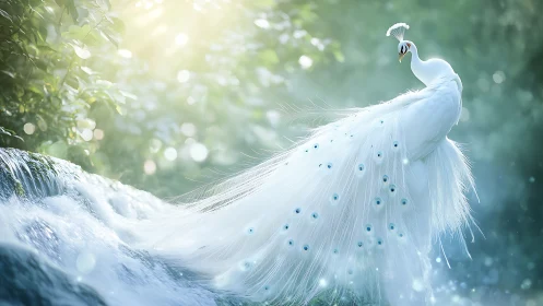 Elegant white peacock by waterfall in ethereal, dreamy forest scene.