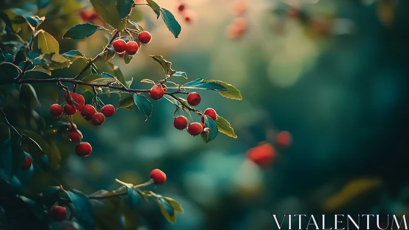 Sunlit red berries hang over cool teal forest bokeh.