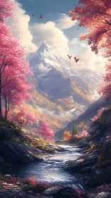 Snowy mountain rises above a vibrant pink valley stream.