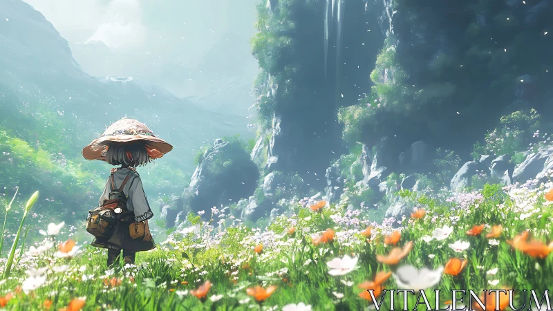 Young traveler in sunlit alpine meadow before waterfall.