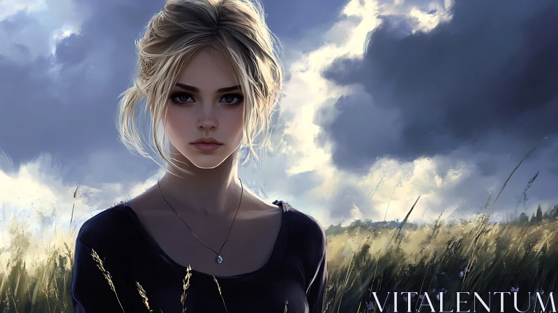 Young woman stands in backlit grass field under dense clouds