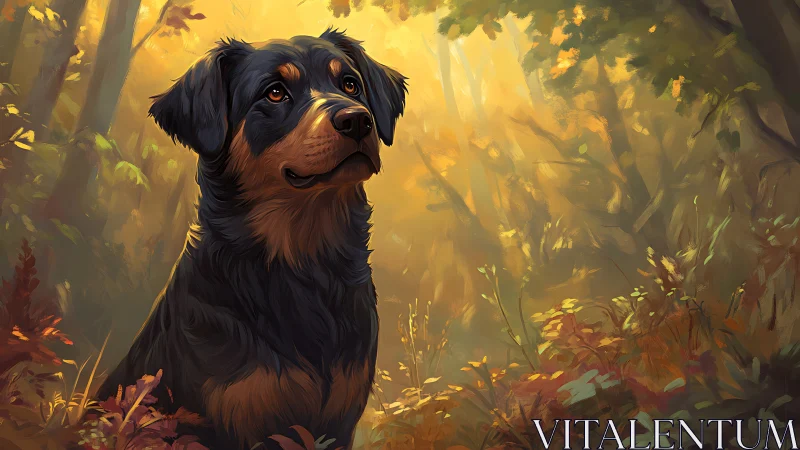 Black and tan dog in sunlit forest with autumn foliage.