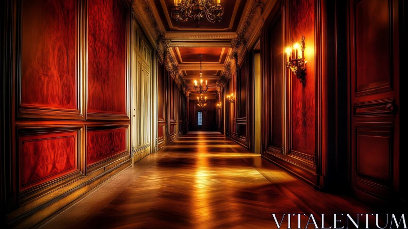 Golden light drifts through an elegant red palace hallway