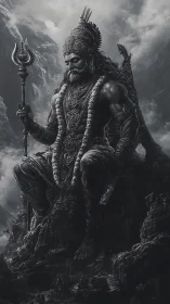 Majestic mountain deity seated in stormy grayscale calm.