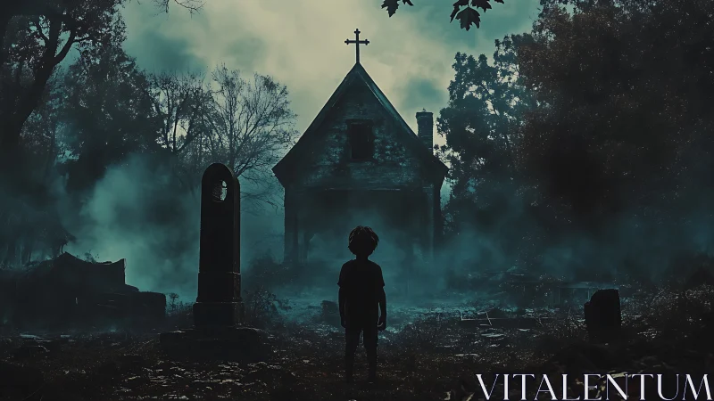 Silhouetted child before decayed chapel in misty graveyard.