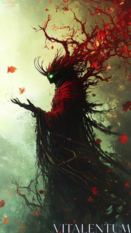 Autumn forest spirit unfolds in swirling crimson branches