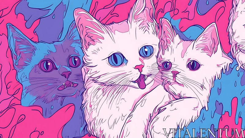 Neon Cats in Digital Dreamscape: Vibrant Surreal Artwork