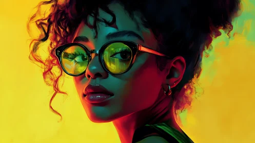 Neon-lit digital portrait of curly-haired woman with glasses