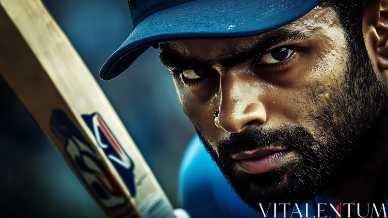 Cricketer locks fierce gaze behind bat, sweat glistening hard