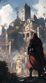 Hooded warrior observing vast ruined medieval fortress.