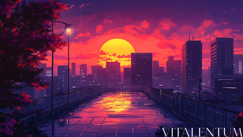 Spectral urban sunset over wet rooftop observation deck.