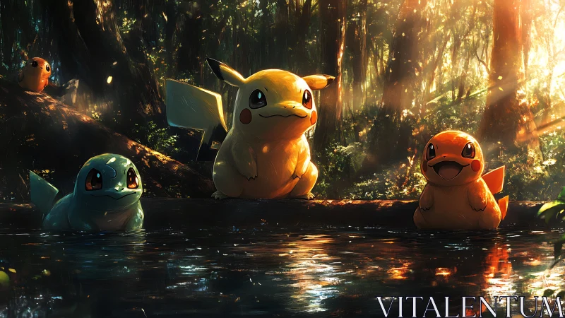Pikachu, Squirtle, and Charmander rest by a reflective forest stream