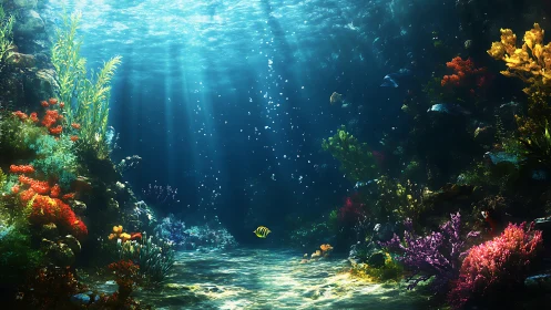 Colorful coral reef scene under clear sunlit ocean water.