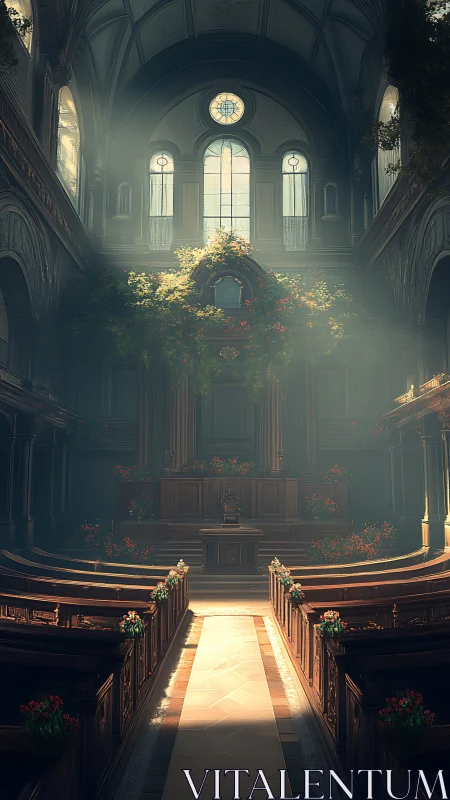 Sunlit chapel aisle blooming with quiet forest grace.