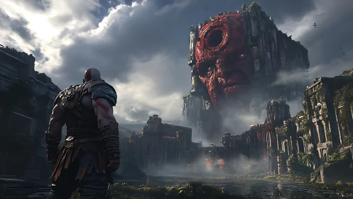 Stormlit warrior greets a colossal stone face of legend