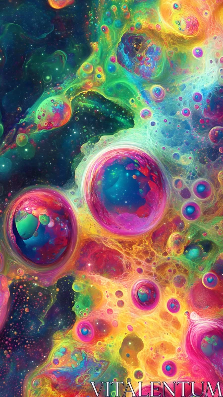 Neon bubble galaxies drift through a swirling liquid cosmos