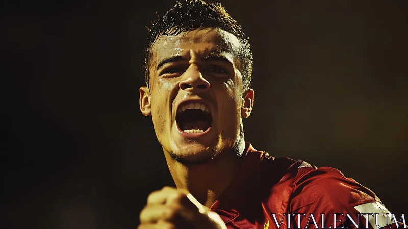 Close-up view of football player shouting under stadium light.
