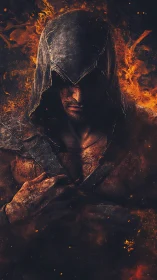 Hooded fireborn warrior wrapped in sparks and shadowed calm.
