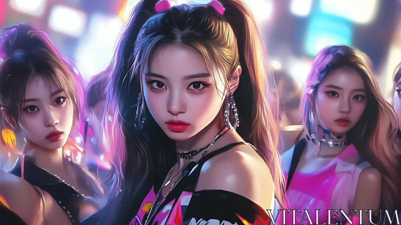 Neon-lit girl trio in hyperreal city nightlife portrait.