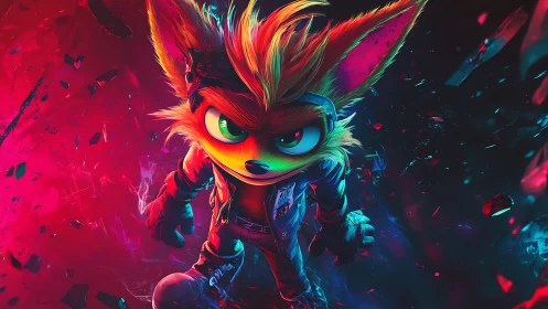 Anthropomorphic fox hero in neon bicolor rim lighting, mid-leap