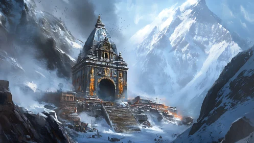 Snow-covered mountain temple complex occupies a central valley