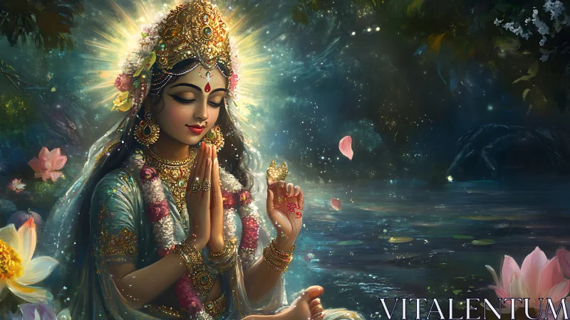 Goddess in serene prayer glows beside a starlit lotus lake