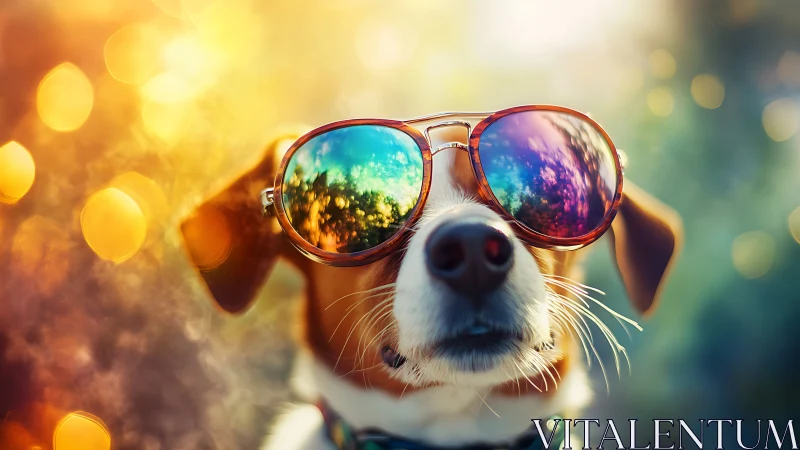 Cool pup in rainbow sunglasses enjoys a glowing sunny day