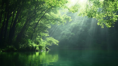 Sunlit Forest Lake with Lush Greenery and Tranquil Water Scene.