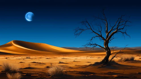 Moonlit desert tree watching over quiet golden dunes.