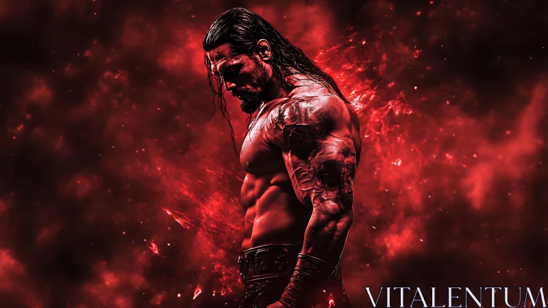 Digital painting of muscular fighter in red infernal backdrop.