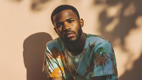 Stylish man in dappled sunlight against peach wall