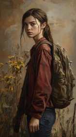 Weathered teenage survivor with backpack in wildflowers