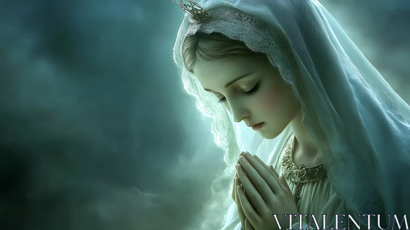Serene veiled Madonna profile with luminous teal haze.