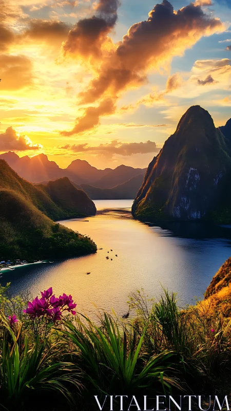Sunlit mountain bay with calm water and foreground flowers.