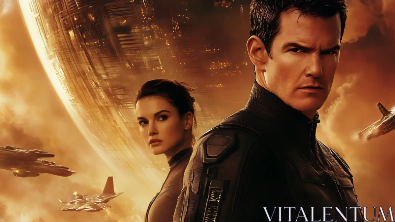 Futuristic soldiers before massive orbited structure.