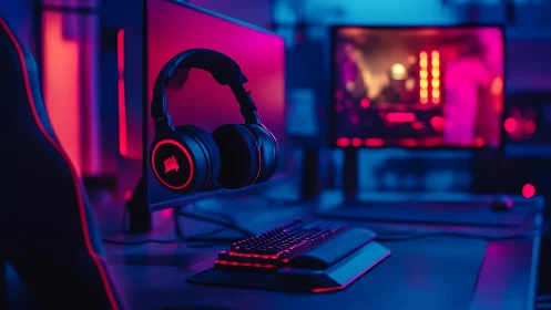 RGB gaming headset on monitor in neon lit PC setup.