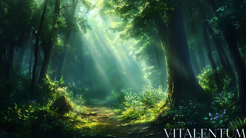 Sunlit Forest Path Through Majestic Ancient Trees.