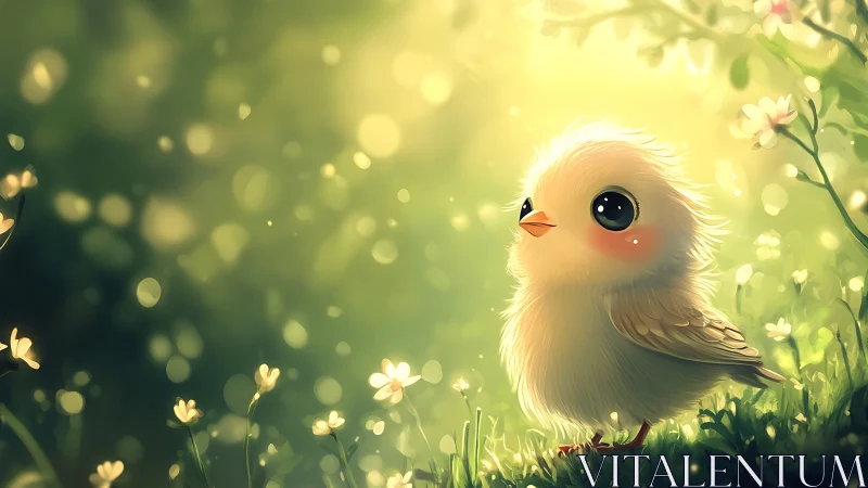 Adorable Fluffy Chick in Sunlit Meadow, Whimsical Digital Art.