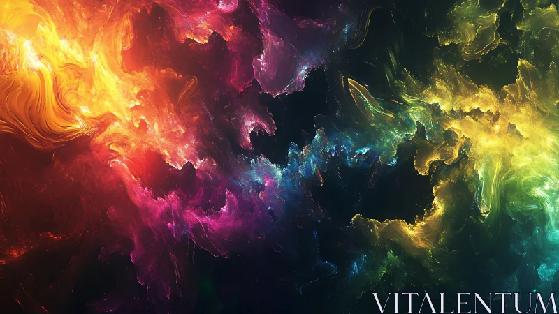 Multicolored nebula-like digital cloud structures in space.