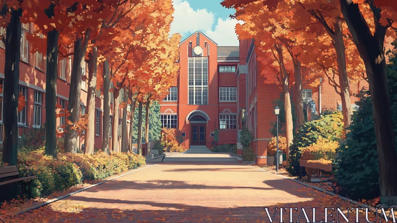 Autumn campus courtyard with symmetrical brick architecture and trees
